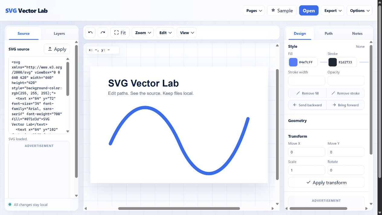 SVG Vector Lab showing synchronized SVG source, a centered vector canvas, and design controls