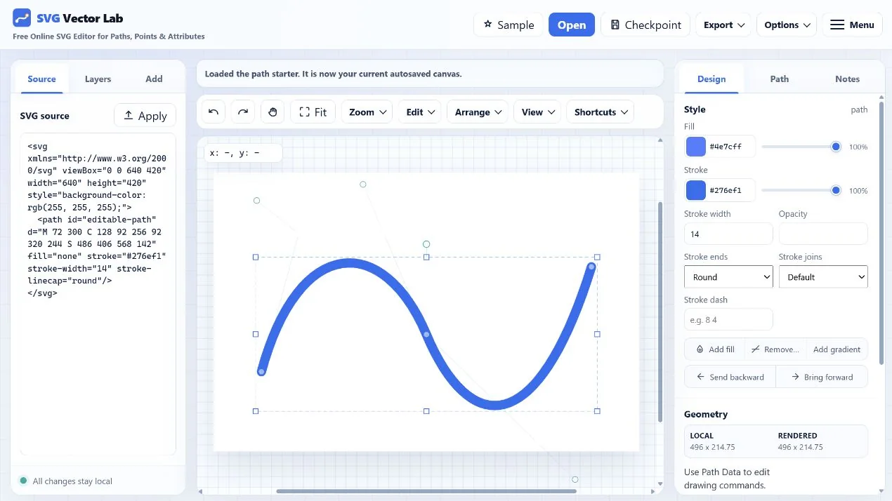 SVG Vector Lab displaying a selected Bezier path, live source, and design inspector